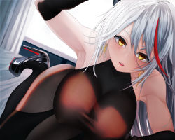 Rule 34 | 1girl, absurdres, aegir (azur lane), armpits, azur lane, black footwear, black gloves, bodystocking, breasts, covered erect nipples, cross, cross earrings, earrings, elbow gloves, gloves, high heels, highres, jewelry, large breasts, long hair, looking at viewer, lordcoser, multicolored hair, solo, streaked hair, taut clothes, two-tone hair, white hair, yellow eyes