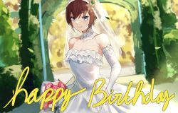 Rule 34 | arch, blue eyes, blush, bouquet, breasts, bridal gauntlets, bridal veil, bride, brown hair, cleavage, closed mouth, detached sleeves, dobure18, dress, elbow gloves, english text, floral arch, flower, frills, gloves, hana macchia, happy birthday, highres, looking at viewer, nijisanji, nijisanji id, pink dress, rose, smile, veil, virtual youtuber, wedding, wedding dress, white dress