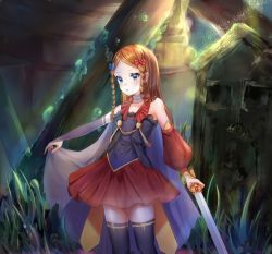Rule 34 | 1girl, bad id, bad pixiv id, black thighhighs, blue eyes, braid, brown hair, guzangnanfeng, holding, holding sword, holding weapon, long hair, original, outdoors, red skirt, sidelocks, skirt, solo, standing, sword, thighhighs, twin braids, weapon