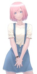 Rule 34 | 1girl, blue eyes, blue skirt, collarbone, commentary, english commentary, head tilt, highres, looking at viewer, original, own hands together, pink hair, puffy sleeves, shirt, short hair, simple background, skirt, solo, standing, sthreep, suspender skirt, suspenders, watch, white background, white shirt, wristwatch