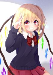Rule 34 | 1girl, alternate costume, blonde hair, blush, bow, bowtie, collared shirt, contemporary, ekidona, flandre scarlet, grin, highres, looking at viewer, red bow, red bowtie, red eyes, red skirt, school uniform, shadow, shirt, short hair, side ponytail, skirt, smile, solo, sweater, touhou, v