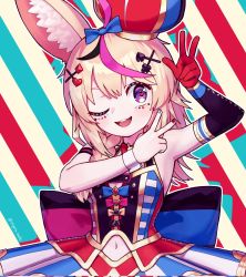 Rule 34 | 1girl, :3, animal ear fluff, animal ears, arm up, armpits, black hair, blonde hair, blush, bow skirt, breasts, buttons, clothing cutout, cowboy shot, dress, elbow gloves, eyelashes, fennec fox, fox ears, fox girl, gloves, gold trim, hair ornament, hairclip, halterneck, heart, heart-shaped pupils, highres, hololive, korean commentary, layered skirt, long hair, looking at viewer, medium breasts, mightybeetle, mixed-language commentary, multicolored hair, navel cutout, omaru polka, omaru polka (1st costume), one eye closed, open mouth, pink hair, playing card theme, pleated dress, purple eyes, shadow, sidelocks, single elbow glove, skirt, sleeveless, sleeveless dress, solo, streaked hair, striped, striped background, symbol-shaped pupils, teeth, tilted headwear, twitter username, upper teeth only, v, virtual youtuber, w, wrist cuffs, x hair ornament