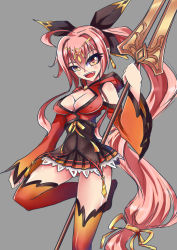 Rule 34 | 1girl, absurdres, black skirt, bow, breasts, brown eyes, circlet, cleavage, dunamis, elsword, grey background, highres, ignia (elsword), long hair, low-tied long hair, orange thighhighs, pink hair, pleated skirt, polearm, ponytail, simple background, skirt, smile, solo, spear, standing, standing on one leg, thighhighs, weapon, yellow bow