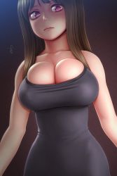 Rule 34 | 1girl, bare shoulders, breasts, brown hair, bursting breasts, cleavage, from below, highres, horiishi horuto, huge breasts, long hair, looking at viewer, original, purple eyes, revision, skindentation, solo, undersized clothes