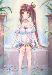 Rule 34 | 1girl, :o, absurdres, arm support, bare shoulders, blue eyes, blunt bangs, blush, breasts, brown hair, commentary request, cuna (qunya), dress, earrings, fingernails, flower, hair flower, hair ornament, heterochromia, highres, jewelry, long hair, looking at viewer, mole, mole on cheek, multicolored hair, nail polish, open mouth, original, petals, plant, rainbow, red eyes, short dress, sidelocks, sitting, small breasts, solo, sparkle, water, water drop, water surface, wet, white dress