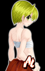 Rule 34 | 1boy, al (ssf4), androgynous, angry, bandages, black background, blonde hair, child, glowing, looking back, lowres, male focus, shin (studios), short hair, solo, super strip fighter 4, trap, yellow eyes