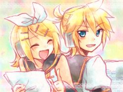 Rule 34 | 1boy, 1girl, ^ ^, bad id, bad pixiv id, blonde hair, blue eyes, blush, brother and sister, closed eyes, closed eyes, fang, hair ornament, hairclip, headphones, kagamine len, kagamine rin, kousetsu, music, open mouth, ribbon, siblings, twins, vocaloid
