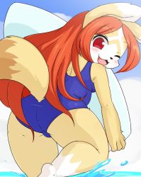 Rule 34 | 1girl, dog, fullbokko heroes, furry, furry female, highres, long hair, one eye closed, open mouth, red eyes, red hair, solo, takeshi kemo