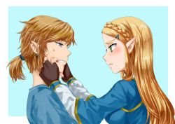 Rule 34 | 1boy, 1girl, annoyed, blonde hair, blue eyes, blush, earrings, face-to-face, face grab, gloves, hair ornament, jewelry, link, long hair, nintendo, pointy ears, ponytail, princess zelda, sweat, the legend of zelda, the legend of zelda: breath of the wild, wasabi (legemd)