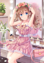 Rule 34 | 1girl, absurdres, arms up, bag, bare arms, bare shoulders, blue eyes, blush, bow, breasts, brown bow, brown flower, brown hair, brown rose, center frills, closed mouth, collarbone, commentary request, dress, flower, flower wreath, foreshortening, frilled dress, frills, hair between eyes, handbag, head wreath, highres, holmemee, jewelry, long hair, looking at viewer, medium breasts, mirror, moe2020, original, pendant, petals, pink dress, pink flower, pink rose, plant, potted plant, reflection, rose, sitting, sleeveless, sleeveless dress, smile, solo, water, white flower, yellow bow