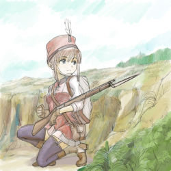 Rule 34 | 1girl, bayonet, boots, brown hair, chin strap, earth (planet), feathers, foliage, gloves, gun, hat, highres, holding, kageng, military, military uniform, musket, original, planet, red hat, short hair, skirt, soldier, solo, thighhighs, uniform, weapon