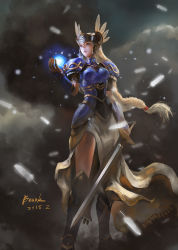 Rule 34 | 1girl, armor, armored boots, armored dress, blue armor, blue eyes, boots, braid, gold trim, grey eyes, helmet, highres, holding, holding sword, holding weapon, lenneth valkyrie, long hair, low-braided long hair, low-tied long hair, shoulder armor, square enix, sword, valkyrie, valkyrie profile (series), weapon, winged helmet