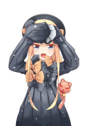 Rule 34 | 1girl, abigail williams (fate), aiee, arms up, black bow, black dress, black hat, blonde hair, blue eyes, blush, bow, covering privates, dress, fang, fate/grand order, fate (series), hair bow, hands in opposite sleeves, hat, highres, long hair, long sleeves, looking at viewer, open mouth, orange bow, orion (bear) (fate), parted bangs, polka dot, polka dot bow, simple background, solo, stuffed animal, stuffed toy, teddy bear, tsurime, v-shaped eyebrows, very long hair, white background