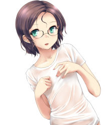 Rule 34 | 1girl, bottomless, breasts, brown hair, covering privates, covering breasts, fingernails, glasses, green eyes, masami-san (regdic), naked shirt, no bra, original, regdic, see-through, shirt, short hair, simple background, solo, t-shirt, upper body, wet, wet clothes, wet hair, wet shirt, white background