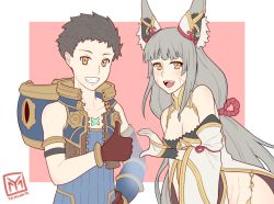 Rule 34 | 1boy, 1girl, :d, animal ear fluff, animal ears, bare shoulders, breasts, brown gloves, chest jewel, cleavage, detached sleeves, facial mark, fangs, gloves, grin, heart hands failure, highres, low ponytail, medium breasts, nia (blade) (xenoblade), nia (xenoblade), nintendo, niyah, open mouth, pink background, rex (xenoblade), signature, silver hair, smile, spoilers, white background, xenoblade chronicles (series), xenoblade chronicles 2, xenoblade chronicles (series), xenoblade chronicles 2, yamanata