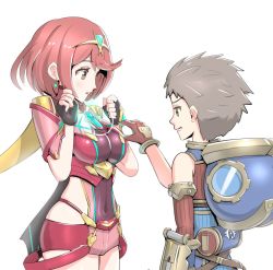 Rule 34 | 1boy, 1girl, breasts, brown hair, chest jewel, covered navel, fingerless gloves, gloves, glowing, gonzarez, hair ornament, highres, light smile, matching hair/eyes, medium breasts, nintendo, open mouth, pyra (xenoblade), red eyes, red hair, rex (xenoblade), short hair, short shorts, shorts, simple background, smile, swept bangs, thighhighs, white background, wide hips, xenoblade chronicles (series), xenoblade chronicles 2