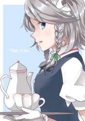 Rule 34 | 1girl, blue background, blue eyes, braid, collared shirt, cup, english text, from side, gloves, grey hair, highres, holding, holding tray, izayoi sakuya, looking at viewer, looking to the side, maid, maid headdress, medium hair, miyangoroge, puffy short sleeves, puffy sleeves, shirt, short sleeves, simple background, solo, teacup, teapot, touhou, tray, twin braids, upper body, white gloves, white shirt