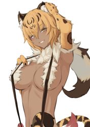 Rule 34 | 1girl, animal ear fluff, animal ears, animal hands, arm up, armpits, bell orgel, blonde hair, breasts, commentary, dark-skinned female, dark skin, eyes visible through hair, fur, fur collar, hair between eyes, hand on own head, highres, large breasts, light blush, looking at viewer, monster girl, monster girl encyclopedia, naughty face, neck fur, ocelomeh (monster girl encyclopedia), parted lips, revealing clothes, short hair, simple background, slingshot swimsuit, slit pupils, smile, solo, suspenders, swimsuit, tail, upper body, white background, yellow eyes