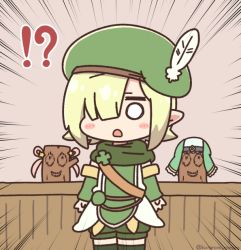 Rule 34 | !?, 1girl, aoi (princess connect!), beret, blonde hair, blush stickers, chibi, commentary request, detached sleeves, emphasis lines, feathers, green hat, green shorts, green sleeves, green thighhighs, hair over one eye, hat, hat feather, hatsune (princess connect!), kurororo rororo, long sleeves, misato (princess connect!), o o, open mouth, pointy ears, princess connect!, short shorts, shorts, solo, thighhighs, twitter username, white feathers