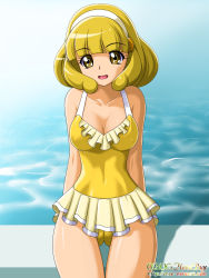 Rule 34 | 10s, 1girl, bad id, bad pixiv id, blonde hair, casual one-piece swimsuit, hairband, kise yayoi, aged up, one-piece swimsuit, onoe, precure, short hair, smile precure!, swimsuit, thigh gap, white hairband, yellow eyes, yellow one-piece swimsuit