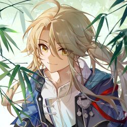 Rule 34 | 1boy, ahoge, bamboo, blonde hair, blue jacket, branch, chinese clothes, closed mouth, copyright notice, floating hair, green background, hair between eyes, highres, honkai: star rail, honkai (series), jacket, long hair, looking at viewer, male focus, open clothes, open shirt, parted bangs, ponytail, sample watermark, shirt, sidelocks, simple background, smile, solo, swept bangs, upper body, watermark, white background, white shirt, yanqing (honkai: star rail), yellow eyes, yin01582942