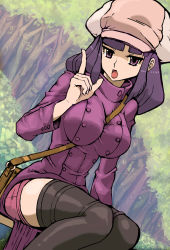Rule 34 | 10s, 1girl, bag, between breasts, breasts, coat, dutch angle, freckles, gundam, gundam build fighters, hat, inuyou, long hair, mihoshi (gundam bf), open mouth, purple eyes, purple hair, shorts, solo, thighhighs, tree, trench coat