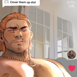 Rule 34 | 1boy, bara, beard stubble, brown eyes, cccrystalclear, chest hair, cover them up slut (meme), dragon age, dragon age: inquisition, dragon age 2, dwarf, earrings, facial hair, highres, jewelry, male focus, mature male, medium hair, meme, necklace, nipples, orange hair, photo background, short ponytail, solo, stubble, thick eyebrows, upper body, varric tethras