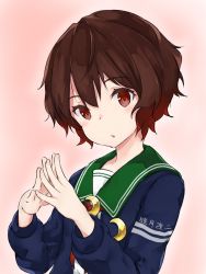 Rule 34 | 1girl, bad id, bad pixiv id, blue jacket, brown eyes, brown hair, commentary request, crescent, crescent pin, fingers together, gradient hair, green sailor collar, highres, jacket, kantai collection, kuroneko (user tssm4355), looking at viewer, multicolored hair, mutsuki (kancolle), mutsuki kai ni (kancolle), red hair, sailor collar, school uniform, serafuku, short hair, solo, upper body