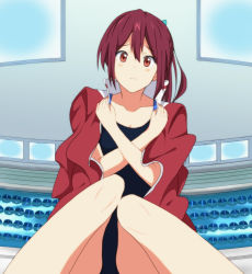 Rule 34 | 10s, 1girl, 3:, competition swimsuit, embarrassed, free!, jacket, jacket on shoulders, jersey, kaiman, matsuoka gou, one-piece swimsuit, open clothes, ponytail, pool, red eyes, red hair, school swimsuit, shirt, solo, swimsuit, track jacket, wading, water