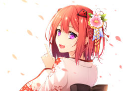 Rule 34 | 1girl, :d, fang, floral print, flower, furisode, hair flower, hair ornament, half updo, healther, index finger raised, japanese clothes, kimono, looking at viewer, looking back, new year, open mouth, original, petals, purple eyes, red hair, short hair, smile, solo, white background