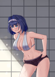 Rule 34 | 1girl, absurdres, adjusting clothes, adjusting shorts, azurecruiser, bare arms, bare legs, bare shoulders, bloomers, blue eyes, blue hair, breasts, cleavage, collarbone, eyelashes, hair between eyes, hairband, highres, holding bloomers, hololive, hololive english, large breasts, leaning forward, looking at viewer, navel, ouro kronii, short hair, short shorts, shorts, smile, stomach, sunlight, sweat, sweatband, tongue, tongue out, turtleneck, underboob, virtual youtuber, wet, workout clothes, zipper
