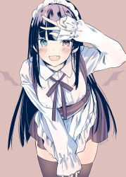 Rule 34 | 1girl, :d, apron, black hair, black thighhighs, blue eyes, blunt bangs, blush, collared shirt, commentary, cowboy shot, dress, dress shirt, earrings, eyelashes, fang, fingernails, flower earrings, frilled apron, frilled headband, frills, hand on own knee, heterochromia, highres, hime cut, jewelry, leaning forward, long hair, long sleeves, looking at viewer, maid, maid apron, maid headdress, nail polish, neck ribbon, open mouth, original, pinafore dress, purple dress, purple nails, purple ribbon, red eyes, ribbon, shirt, simple background, skindentation, sleeveless, sleeveless dress, sleeves past wrists, smile, solo, standing, straight hair, striped clothes, striped dress, thighhighs, tsurime, twitter username, underbust, v, vertical-striped clothes, vertical-striped dress, waist apron, white apron, white shirt, wing collar, yu yu, zettai ryouiki