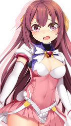 Rule 34 | 1girl, beat angel escalayer, breasts, cosplay, covered navel, dress, elbow gloves, escalayer, escalayer (cosplay), gloves, highres, kamikaze (kancolle), kantai collection, long hair, magical girl, medium breasts, pink dress, purple eyes, purple hair, short dress, solo, white gloves, yasume yukito