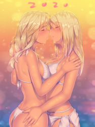 Rule 34 | 2020, 2girls, a.x., absurdres, ahoge, ass, bikini, blonde hair, blurry, blurry background, blush, breasts, cleavage, closed eyes, commentary, couple, crying, dark-skinned female, dark skin, eyelashes, face-to-face, female focus, fingernails, from side, gradient background, hand on another&#039;s arm, hand on another&#039;s ass, highres, imminent kiss, long hair, medium breasts, multiple girls, original, profile, sarong, shiny skin, silver hair, sparkle, straight hair, streaming tears, string bikini, swimsuit, tan, tears, upper body, yuri