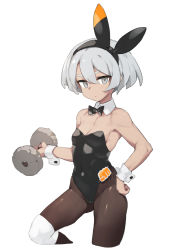 Rule 34 | 1girl, abs, bea (pokemon), black bow, black bowtie, black hairband, black pantyhose, bow, bowtie, breasts, creatures (company), dark-skinned female, dark skin, detached collar, dumbbell, game freak, grey eyes, grey hair, gym leader, hairband, hand on own hip, knee brace, kylin, leotard, looking at viewer, muscular, nintendo, pantyhose, playboy bunny, pokemon, pokemon swsh, simple background, small breasts, solo, white background