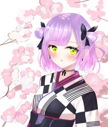 Rule 34 | 1girl, absurdres, black hakama, black kimono, blush, bow, checkered clothes, checkered kimono, choker, dreamoon, earrings, embarrassed, eyelashes, floral background, green eyes, hair bow, hair ornament, hair ribbon, hair rings, hairclip, hakama, hakama skirt, highres, hololive, japanese clothes, jewelry, kimono, lace, lace choker, looking at viewer, official alternate costume, parted lips, pointy ears, purple hair, ribbon, short hair, skirt, solo, surprised, swept bangs, tokoyami towa, tokoyami towa (new year), two-tone kimono, two side up, upper body, virtual youtuber, white kimono, x hair ornament