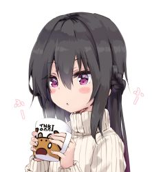 Rule 34 | 1girl, amano kouki, black hair, blush stickers, braid, commentary request, cup, hair between eyes, highres, holding, holding cup, long hair, long sleeves, mug, note-chan, one-piece swimsuit, original, parted lips, purple eyes, ribbed sweater, simple background, solo, steam, sweater, swimsuit, turtleneck, turtleneck sweater, upper body, white background, white one-piece swimsuit, white sweater
