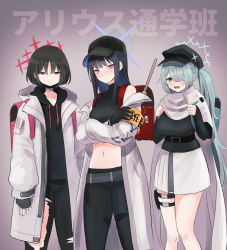 Rule 34 | 1girl, 3girls, aqua hair, backpack, bag, baseball cap, black hair, blue archive, breasts, half-closed eyes, hat, highres, hiyori (blue archive), hood, hooded coat, japanese text, large breasts, long hair, looking at viewer, misaki (blue archive), mottirimuttiri, multiple girls, randoseru, saori (blue archive), solo, standing, thigh strap, torn clothes, twitter