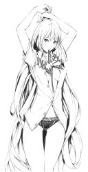 Rule 34 | 1girl, adjusting hair, arms up, bad id, bad pixiv id, black panties, breasts, cleavage, cowboy shot, dress shirt, dressing, female focus, fujiwara no mokou, hime cut, legs, long hair, medium breasts, monochrome, mouth hold, no bra, open clothes, open shirt, panties, ribbon, shirt, solo, sousou (sousouworks), spot color, standing, touhou, underwear, very long hair
