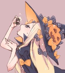 Rule 34 | 1boy, 1girl, abigail williams (fate), blonde hair, bow, cape, fate/grand order, fate (series), fujimaru ritsuka (male), hair bow, hat, highres, jack-o&#039;-lantern, long hair, mikage (curry berg dish), mini person, miniboy, nail polish, open mouth, profile, size difference, tongue, tongue out, vore, witch hat
