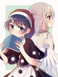 Rule 34 | 2girls, angel wings, black capelet, blue eyes, blue hair, blush, book, bow, bowtie, capelet, closed mouth, doremy sweet, eyelashes, furrowed brow, hair between eyes, hat, holding, holding book, kishin sagume, long sleeves, looking to the side, multiple girls, nightcap, one eye closed, pom pom (clothes), red bow, red bowtie, red eyes, red headwear, shirt, short hair, touhou, touya (konpekitou), wings