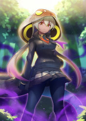 Rule 34 | 1girl, arm at side, aura, baniran dorosu, black gloves, black pants, blonde hair, closed mouth, collared jacket, collared shirt, dark-skinned female, dark skin, day, detached hood, drawstring, expressionless, feet out of frame, gloves, hair between eyes, hand in pocket, high collar, highres, hood, hood up, jacket, kemono friends, king cobra (kemono friends), long hair, long sleeves, looking at viewer, miniskirt, multicolored eyes, multicolored hair, necktie, outdoors, pants, pants under skirt, pleated skirt, pocket, purple hair, red eyes, shirt, skirt, snake tail, solo, standing, tail, twintails, two-tone hair, very long hair, wing collar, yellow eyes