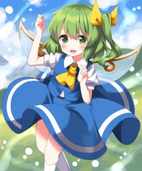 Rule 34 | 1girl, ascot, blue skirt, blue vest, blush, collared shirt, daiyousei, fairy, fairy wings, green eyes, green hair, hair between eyes, highres, long hair, looking at viewer, open mouth, puffy short sleeves, puffy sleeves, ruu (tksymkw), shirt, short sleeves, side ponytail, skirt, smile, socks, solo, touhou, vest, white shirt, white socks, wings, yellow ascot