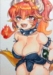 Rule 34 | 1girl, armlet, bare shoulders, black dress, blush, bowsette, bracelet, breasts, cleavage, collar, collarbone, crown, dress, fire, hair between eyes, highres, horns, jewelry, large breasts, leotard, looking at viewer, nintendo, painting (medium), pointy ears, ponytail, red eyes, red hair, selenium, sharp teeth, simple background, skindentation, solo, spikes, standing, strapless, strapless dress, super crown, tail, teeth, thick eyebrows, traditional media, watercolor (medium)