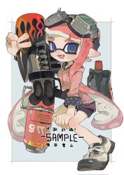 Rule 34 | 1girl, :d, arm up, backpack, bag, black shirt, black shorts, blue background, blue eyes, blunt bangs, blush, border, commentary request, drawstring, fangs, goggles, goggles on head, gun, highres, hood, hood down, hoodie, inkling, inkling girl, inkling player character, long hair, long sleeves, looking at viewer, nintendo, open mouth, outside border, p-pepper, pink hair, pink hoodie, pointy ears, polka dot, polka dot shirt, range blaster (splatoon), sample watermark, shirt, shoes, short shorts, shorts, simple background, smile, sneakers, solo, splatoon (series), suction cups, tentacle hair, thick eyebrows, v, very long hair, watermark, weapon, white border, white footwear