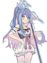 Rule 34 | 0w0 (user ucgm3522), 1girl, arm cuffs, bare shoulders, blue hair, dress, duel monster, highres, holding, holding staff, light blush, long hair, multicolored hair, one side up, pantyhose, purple eyes, purple hair, rilliona (yu-gi-oh!), solo, staff, streaked hair, white background, witchcrafter madame verre, yu-gi-oh!