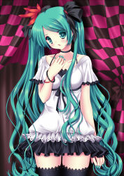 Rule 34 | 1girl, bad id, bad pixiv id, bracelet, checkered background, choker, green eyes, green hair, hand on own chest, hatsune miku, highres, jewelry, long hair, matching hair/eyes, shira yuri, shirato sayuri, skirt, solo, spring onion, twintails, very long hair, vocaloid, world is mine (vocaloid)