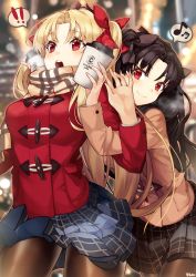 Rule 34 | !, !!, 2girls, :o, bad id, bad pixiv id, beamed sixteenth notes, black hair, blonde hair, blue skirt, blurry, blurry background, blush, breasts, breath, brown coat, brown legwear, brown ribbon, brown scarf, brown skirt, closed mouth, coat, coffee cup, commentary request, cup, depth of field, disposable cup, duffel coat, eighth note, ereshkigal (fate), fate/grand order, fate (series), forehead, hair ribbon, hand up, hands up, head tilt, highres, holding, holding cup, ishtar (fate), long hair, long sleeves, medium breasts, multiple girls, musical note, open mouth, pantyhose, parted bangs, plaid, plaid scarf, plaid skirt, pleated skirt, red coat, red eyes, red ribbon, ribbon, scarf, siblings, signature, sisters, skirt, smile, spoken musical note, surprised, tiara, two side up, utayoi (umakatare), very long hair