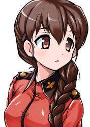 Rule 34 | 1girl, aegis (nerocc), braid, brown eyes, brown hair, commentary, epaulettes, girls und panzer, hair ornament, hair over shoulder, hairclip, highres, insignia, jacket, long hair, long sleeves, looking to the side, military, military uniform, parted lips, portrait, red jacket, rukuriri (girls und panzer), single braid, solo, st. gloriana&#039;s military uniform, transparent background, uniform