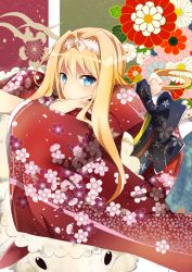 Rule 34 | 10s, 1girl, alice zuberg, blonde hair, blue eyes, highres, japanese clothes, kimono, long hair, lying, mady (madine08260), on stomach, sheep, sword art online